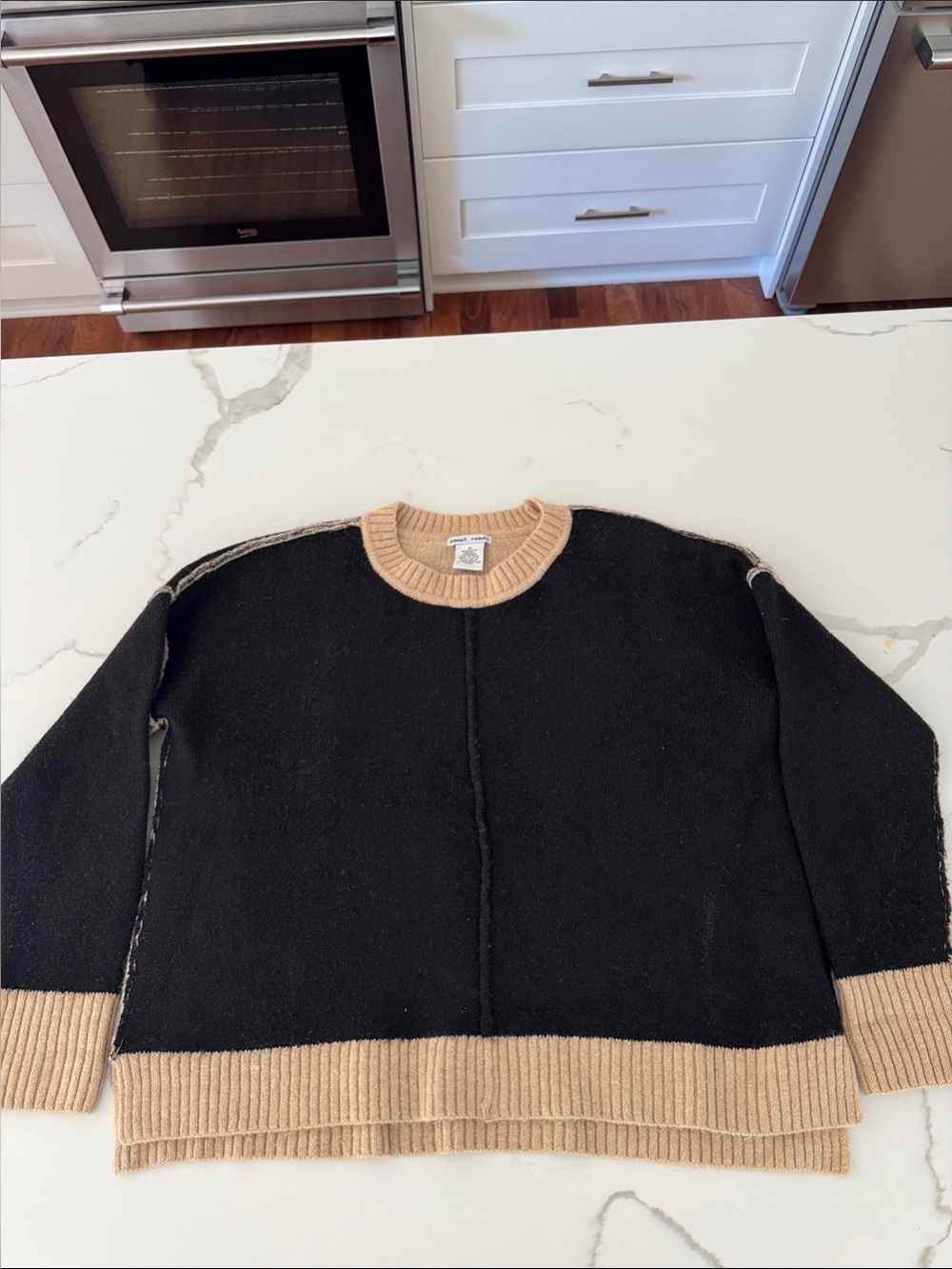 Sweet Romeo Black and Camel Colorblock Crewneck Sweater